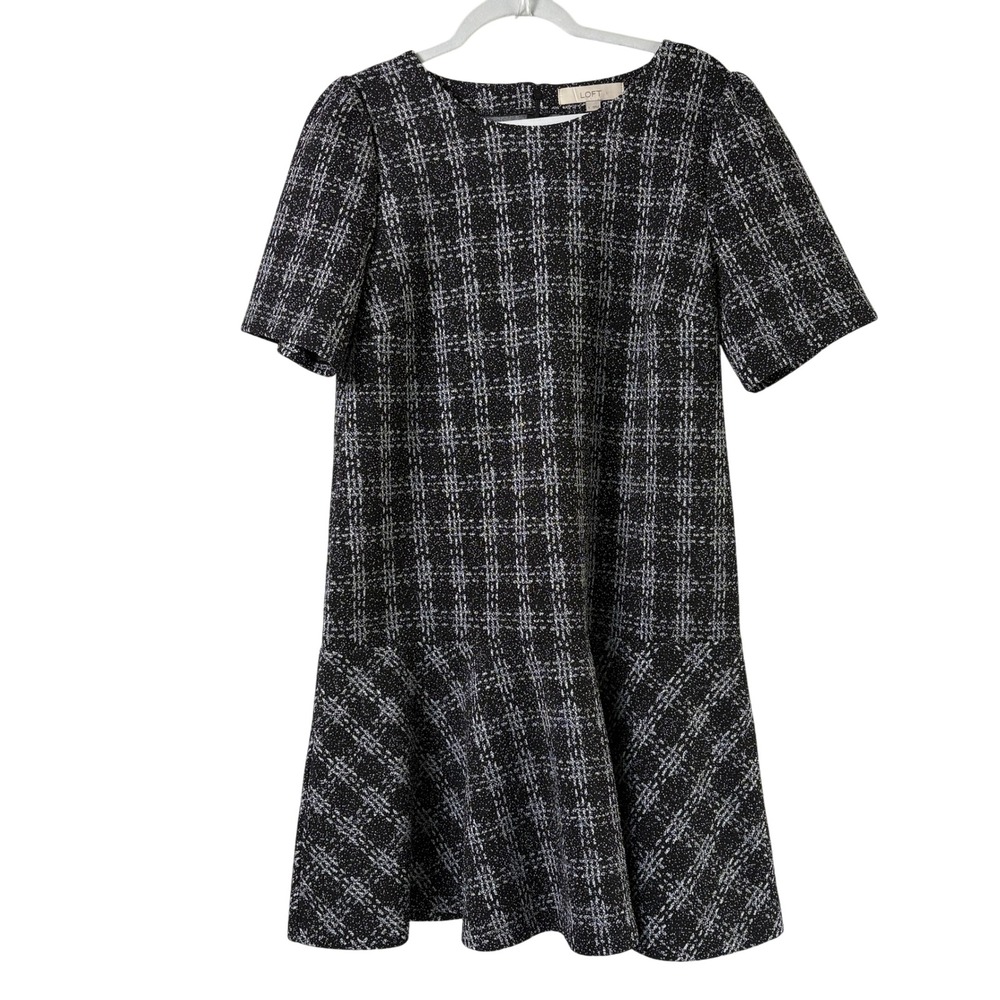 LOFT‎ Plaid Drop Waist Dress Womens L Black White Tweed Print Ruffle Puff Sleeve